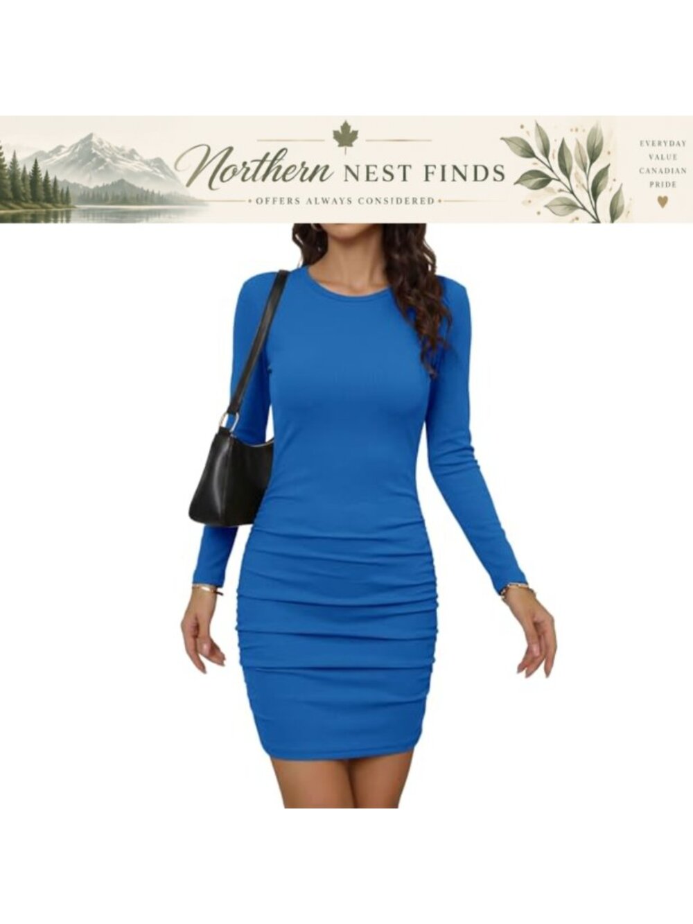 Women Long Sleeve Ruched Bodycon Ribbed Knit Mini Pencil Dress